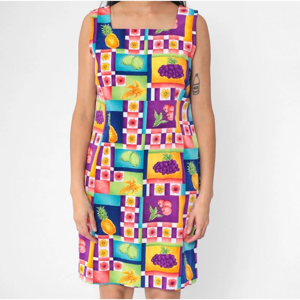 Sag Harbor Vintage 1990s Sleeveless Sheath Dress Geometric Fruit Patchwork 10P
